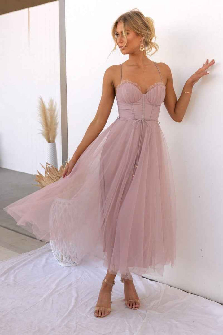 Women's Slim Fit A-Line Evening Dress – Midi Length with Mesh Overlay & Spaghetti Straps Pink