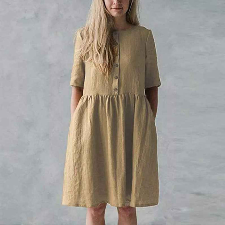 Women's Relaxed Fit Midi Dress – Breathable Fabric, Button Closure & Pockets