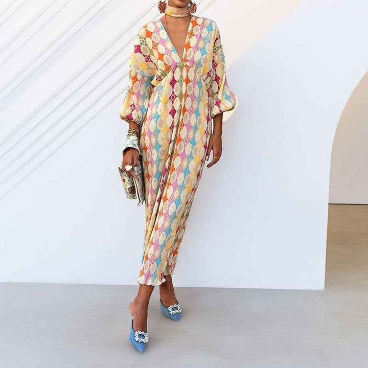 Women's Floral Print V-Neck Dress Multicolor