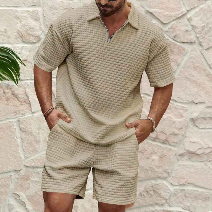Men's Relaxed Fit Waffle Texture Set – Breathable Short Sleeves & Shorts Khaki