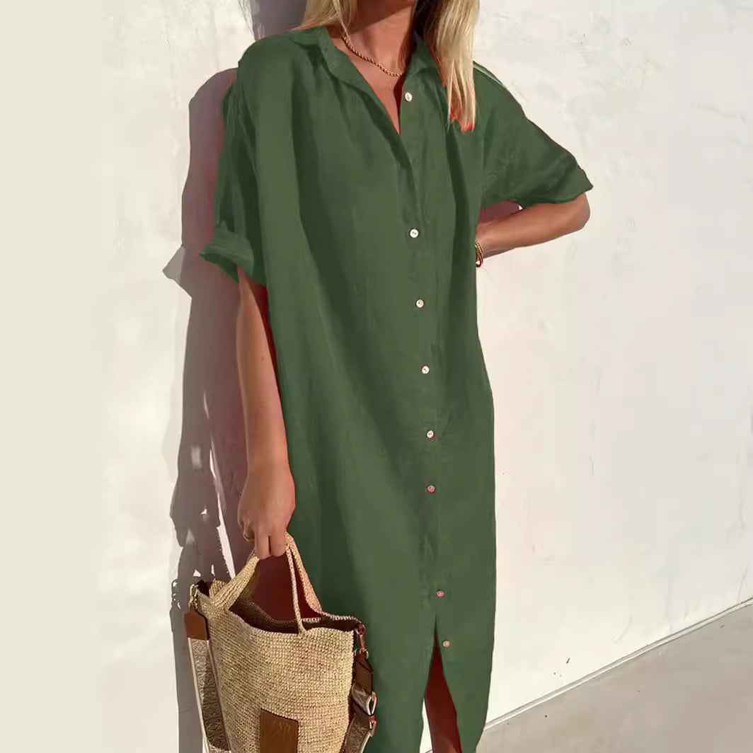 Women's Relaxed Fit Linen Cotton Shirt Dress - Short Sleeve with Button Closure Green