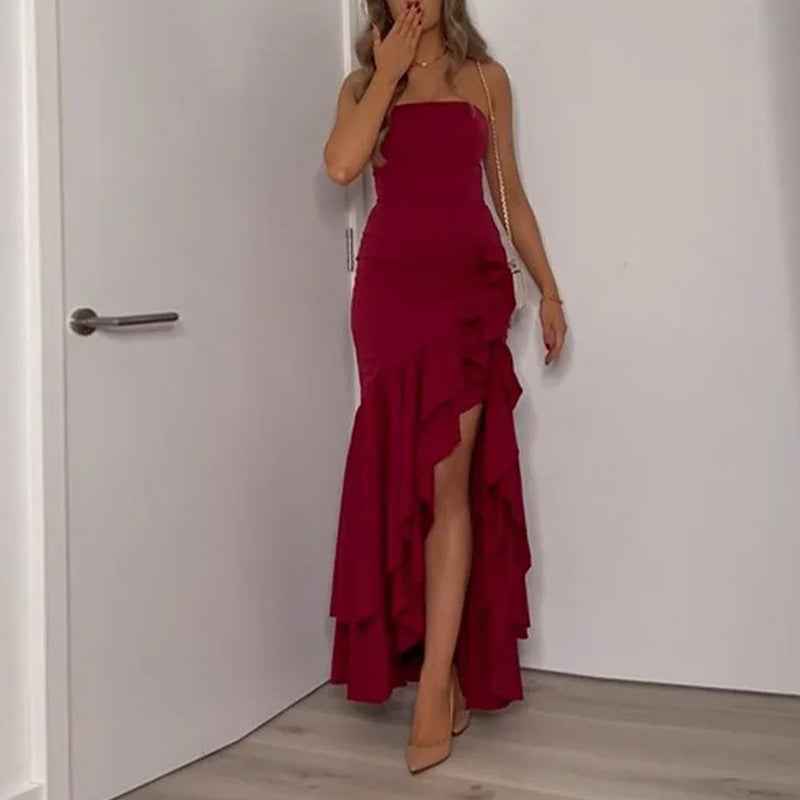 Women's Slim Fit Strapless Dress with Asymmetrical Ruffle Hem – Elegant Eveningwear Red
