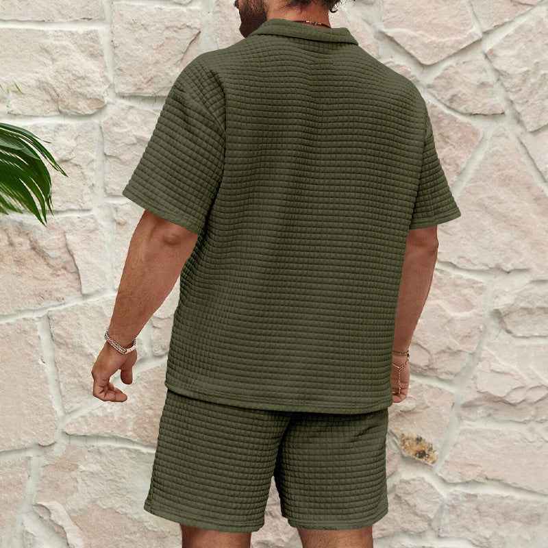 Men's Relaxed Fit Waffle Texture Set – Breathable Short Sleeves & Shorts