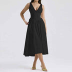 Women's A-Line Midi Dress with V-Neck and Spaghetti Straps – Floral Print Cotton Look