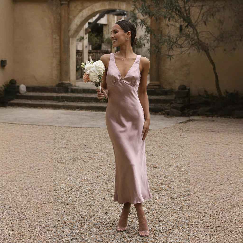 Women's Slim Fit Midi Dress – Silky Satin, Deep V-Neck, Open Back, Spaghetti Straps