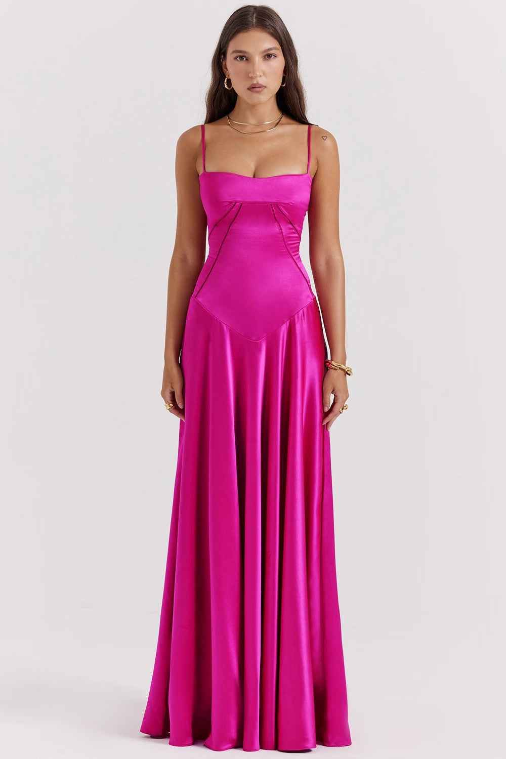 Ariana | Women's Elegant Maxi Dress - Silky Slim Fit - Spaghetti Straps Rose Red