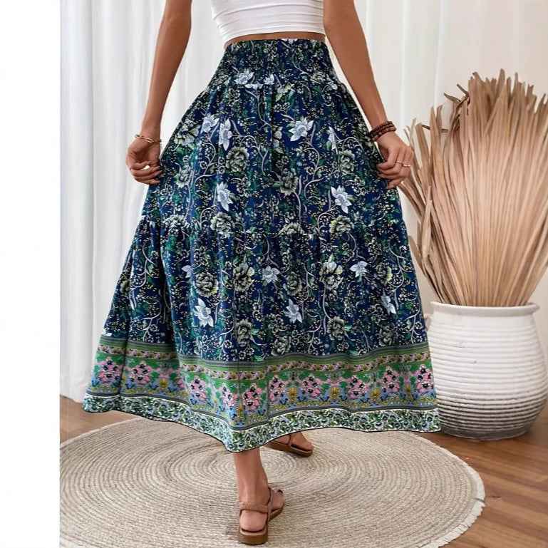 Women's Bohemian Maxi Skirt – Layered Design – Elastic Waist – Breathable Comfort Blue