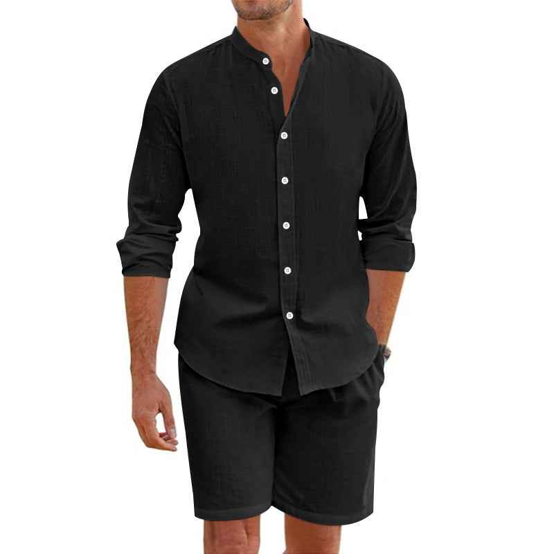 Men's Relaxed Fit Linen Blend Button-Up Shirt and Shorts Set Black