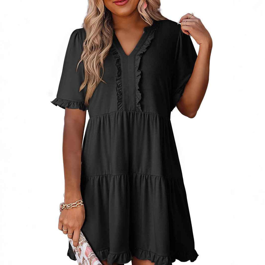 Women's Lightweight A-line Dress with V-neck, Ruffles, and Short Sleeves