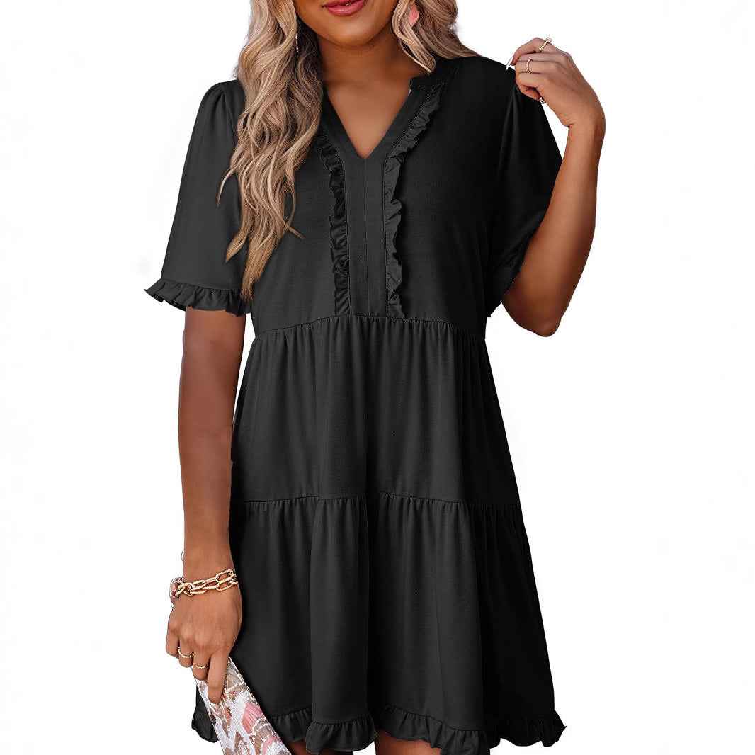 Women's Lightweight A-line Dress with V-neck, Ruffles, and Short Sleeves