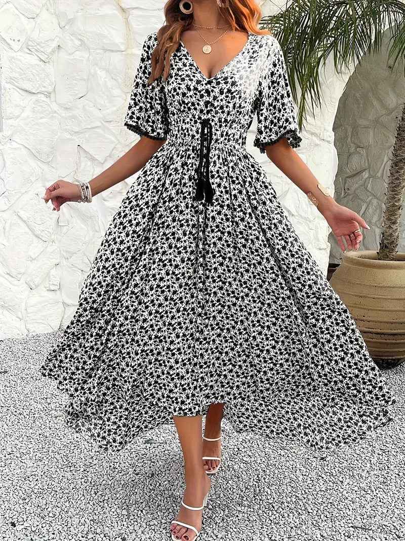 Women's Floral Print Midi Dress – V-Neck, Cotton, Adjustable Waist, Split Hem Black
