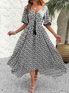 Women's Floral Print Midi Dress – V-Neck, Cotton, Adjustable Waist, Split Hem Black