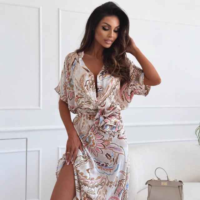 Women's Vintage Floral Midi Dress with Bow Belt and Short Sleeves