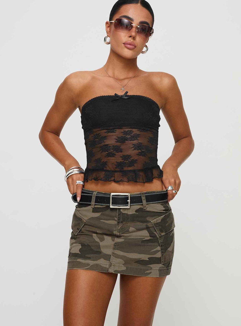 Women's Slim Fit Denim Mini Skirt with Front Pockets and Button Zip Closure Camouflage