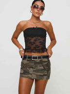 Women's Slim Fit Denim Mini Skirt with Front Pockets and Button Zip Closure Camouflage