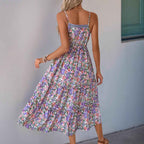 Women's Floral Print Fit and Flare Dress with Ruffled Hem and Adjustable Waist