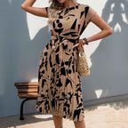 Women's Pleated Fit and Flare Midi Dress – Geometric Print – Short Sleeve with Belt Khaki