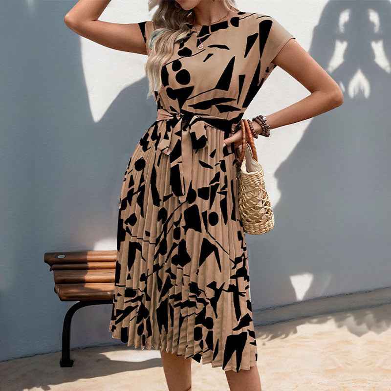 Women's Pleated Fit and Flare Midi Dress – Geometric Print – Short Sleeve with Belt Khaki