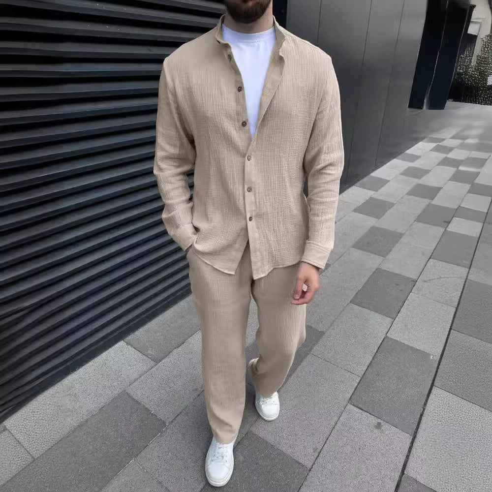 Men's Relaxed Fit Linen Set – Button-Up Shirt & Straight Trousers Khaki