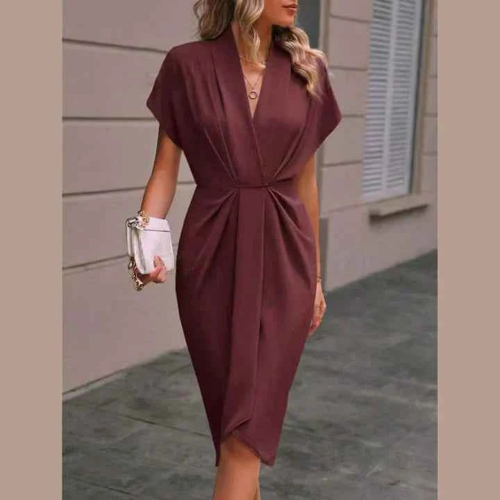 Women's Elegant V-Neck Wrap Dress – Tailored Fit with Short Sleeves Reddish Brown