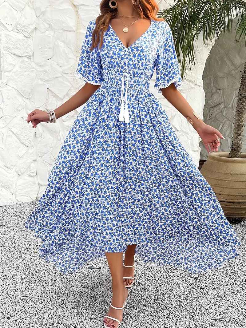 Women's Floral Print Midi Dress – V-Neck, Cotton, Adjustable Waist, Split Hem Blue