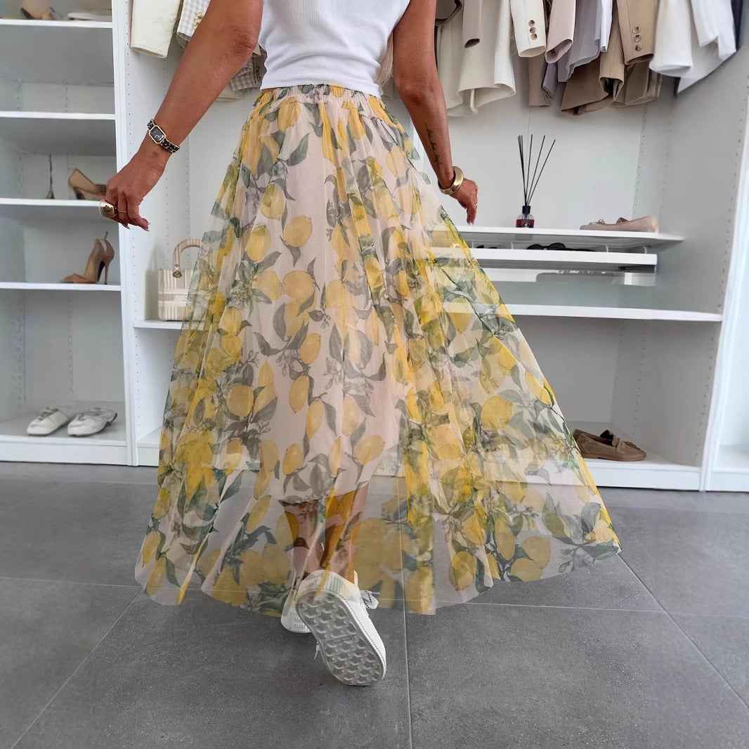 Women's A-line Maxi Skirt – Airy Mesh with Elastic Waist – Printed Design