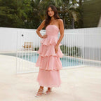 Women's Midi A-Line Strapless Dress with Fitted Bodice and Airy Ruffle Tiers