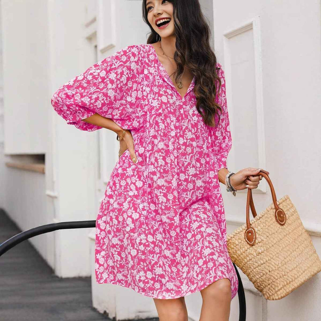 Women's Bohemian Floral Midi Dress – V-neck, Relaxed Fit, Lantern Sleeves Red