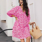 Women's Bohemian Floral Midi Dress – V-neck, Relaxed Fit, Lantern Sleeves Red