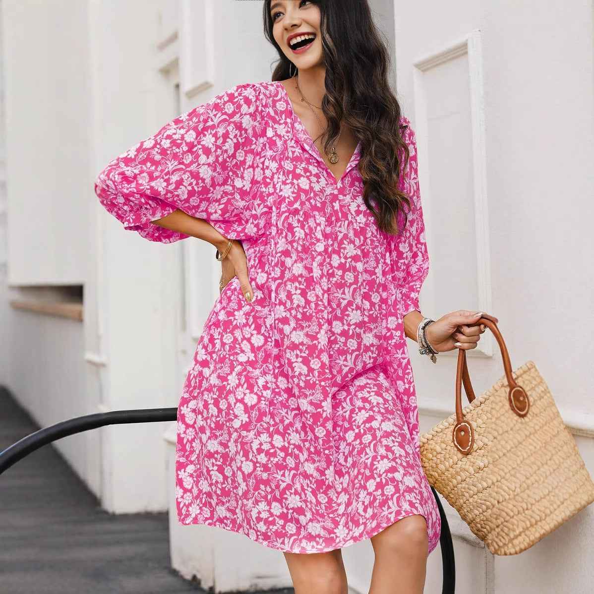 Women's Bohemian Floral Midi Dress – V-neck, Relaxed Fit, Lantern Sleeves Red