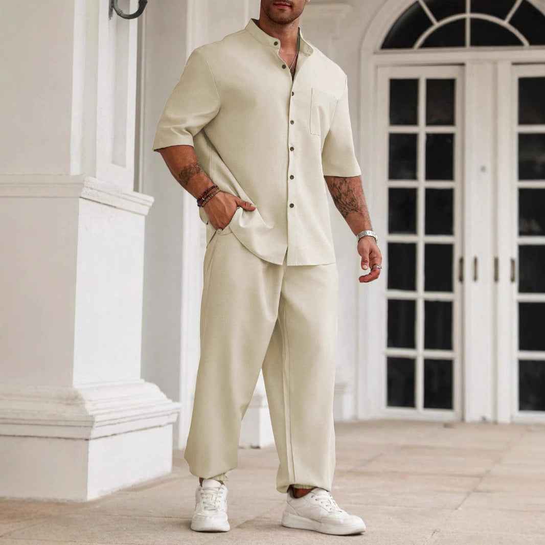 Men's Casual Outfit Set – Breathable Fabric – Relaxed Fit – Short Sleeve & Long Pants Apricot