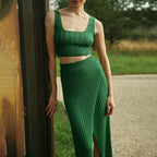 Women's High Waist Ribbed Knit Pencil Skirt - Slim Fit Midi with Split