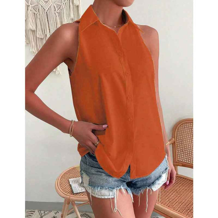Women's Relaxed Fit Sleeveless Blouse – Shiny Luxury Fabric – Button Closure – Hip Length Orange