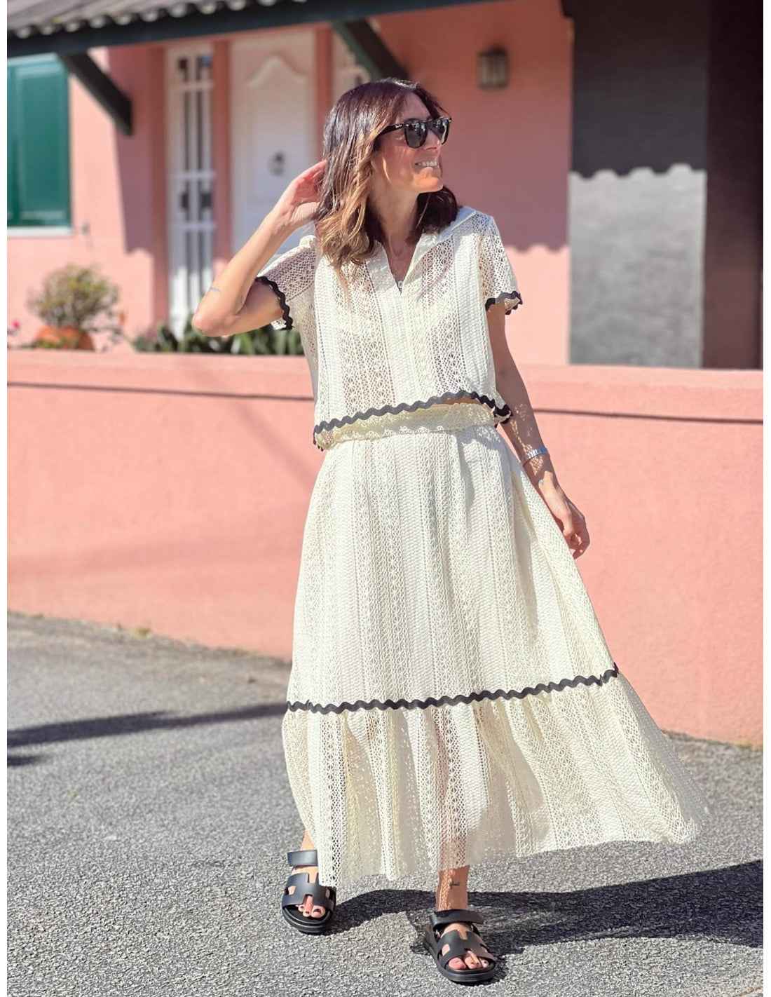 Women's A-Line Midi Skirt Set – Cotton Blend – Short Sleeve with Lace Trim White
