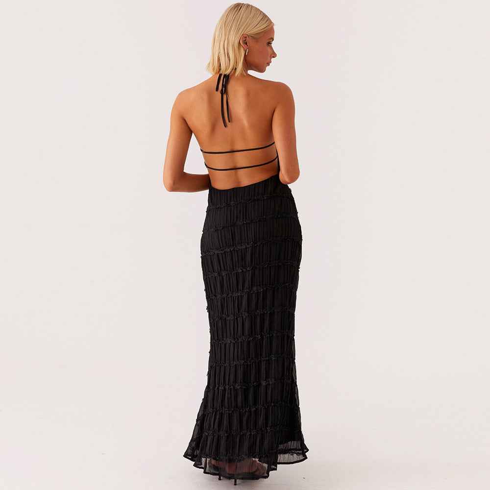 Women's Ruffled Halter Neck Maxi Dress – Figure-Hugging Open Back Eveningwear