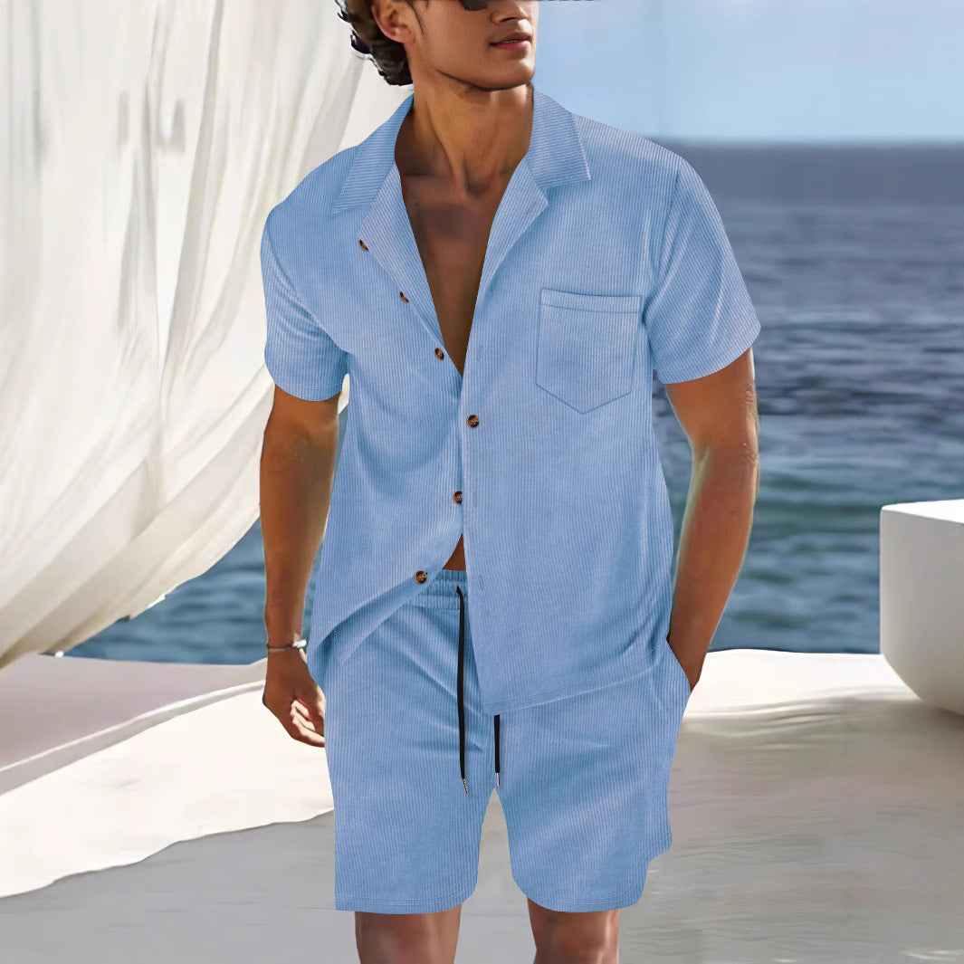 Men's Relaxed Fit Cuban Collar Shirt and Shorts Set - Breathable Fabric Blue