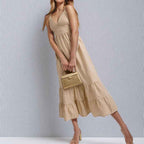 Women's V-Neck Midi Dress – Linen Cotton Blend – Spaghetti Straps – Layered Hem