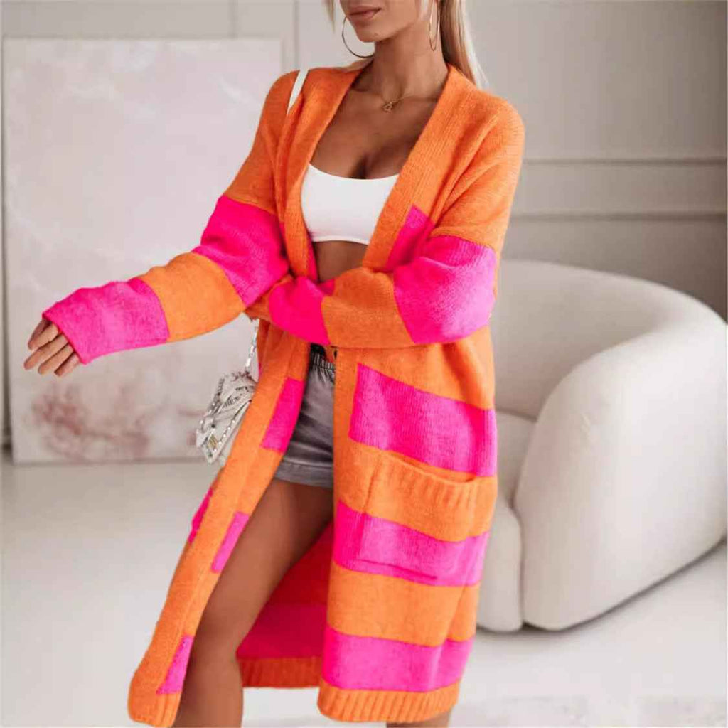 Women's Oversized Striped Knitted Cardigan – Long Open Front Style Pink