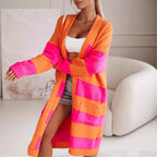 Women's Oversized Striped Knitted Cardigan – Long Open Front Style Pink