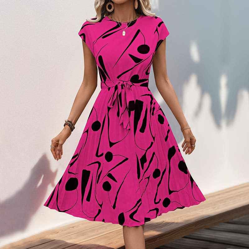 Women's Pleated Fit and Flare Midi Dress – Geometric Print – Short Sleeve with Belt Rose Red