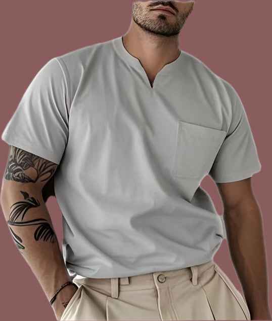 Men's Slim Fit V-Neck T-Shirt with Chest Pocket – Breathable Fabric Light Grey