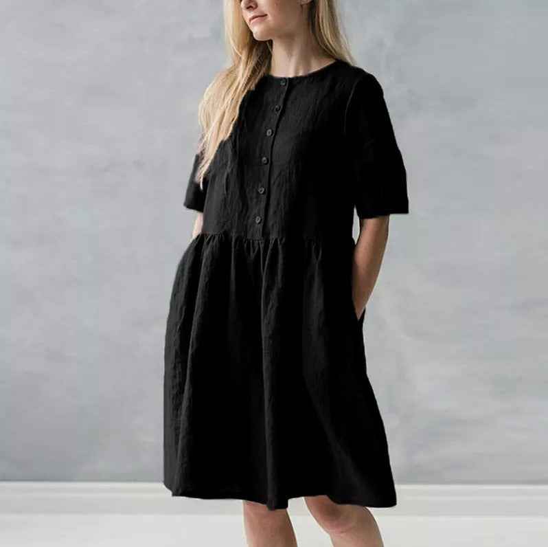 Women's Relaxed Fit Midi Dress – Breathable Fabric, Button Closure & Pockets