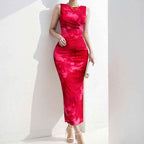 Women's Elegant Midi Dress – Sleeveless, Slim Fit with Side Slit Print Red