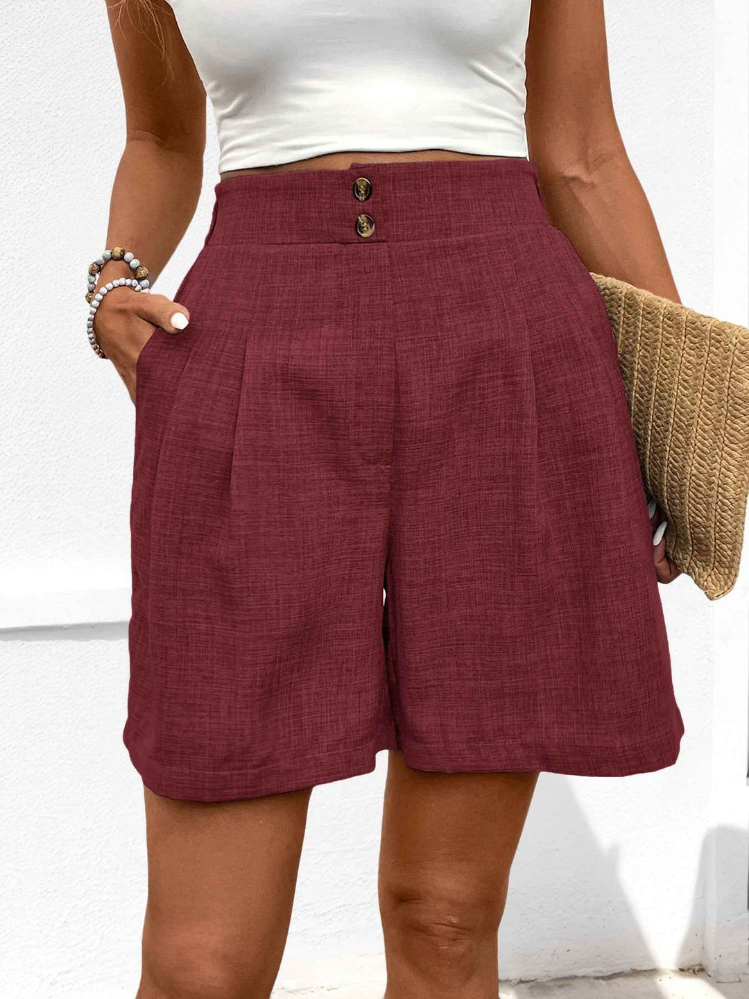 Women's High Waist Wide Leg Shorts - Airy Fabric Relaxed Fit with Pleats Claret