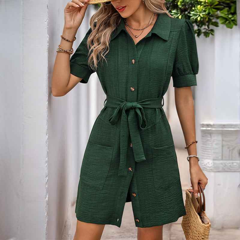 Women's Tailored Shirt Dress – Short Sleeve, Belted, Button Closure, with Pockets