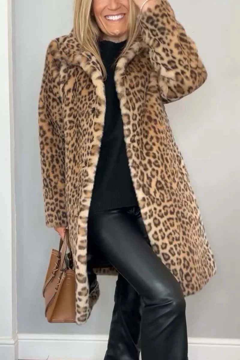 Women's Oversized Leopard Print Faux Fur Coat with Notched Collar Long Brown