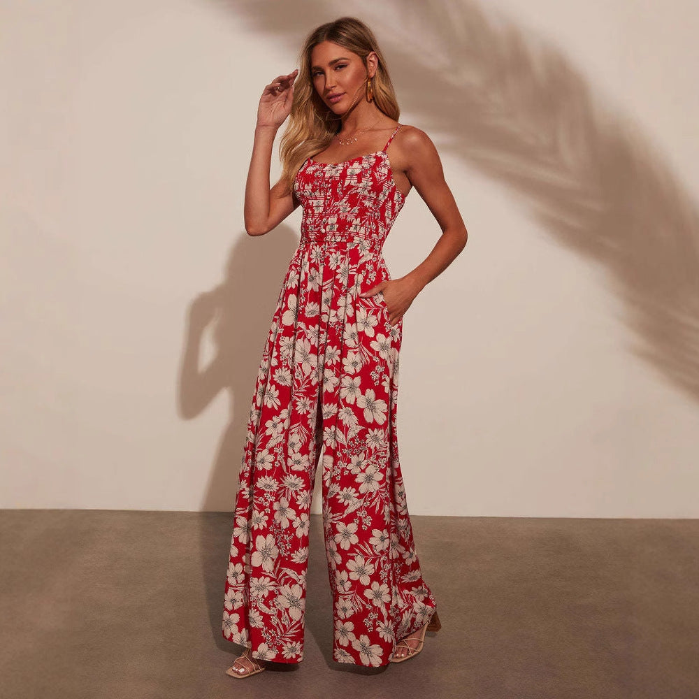 Women's Floral Print Jumpsuit with Wide Legs and Smock Top – Spaghetti Straps – Cotton