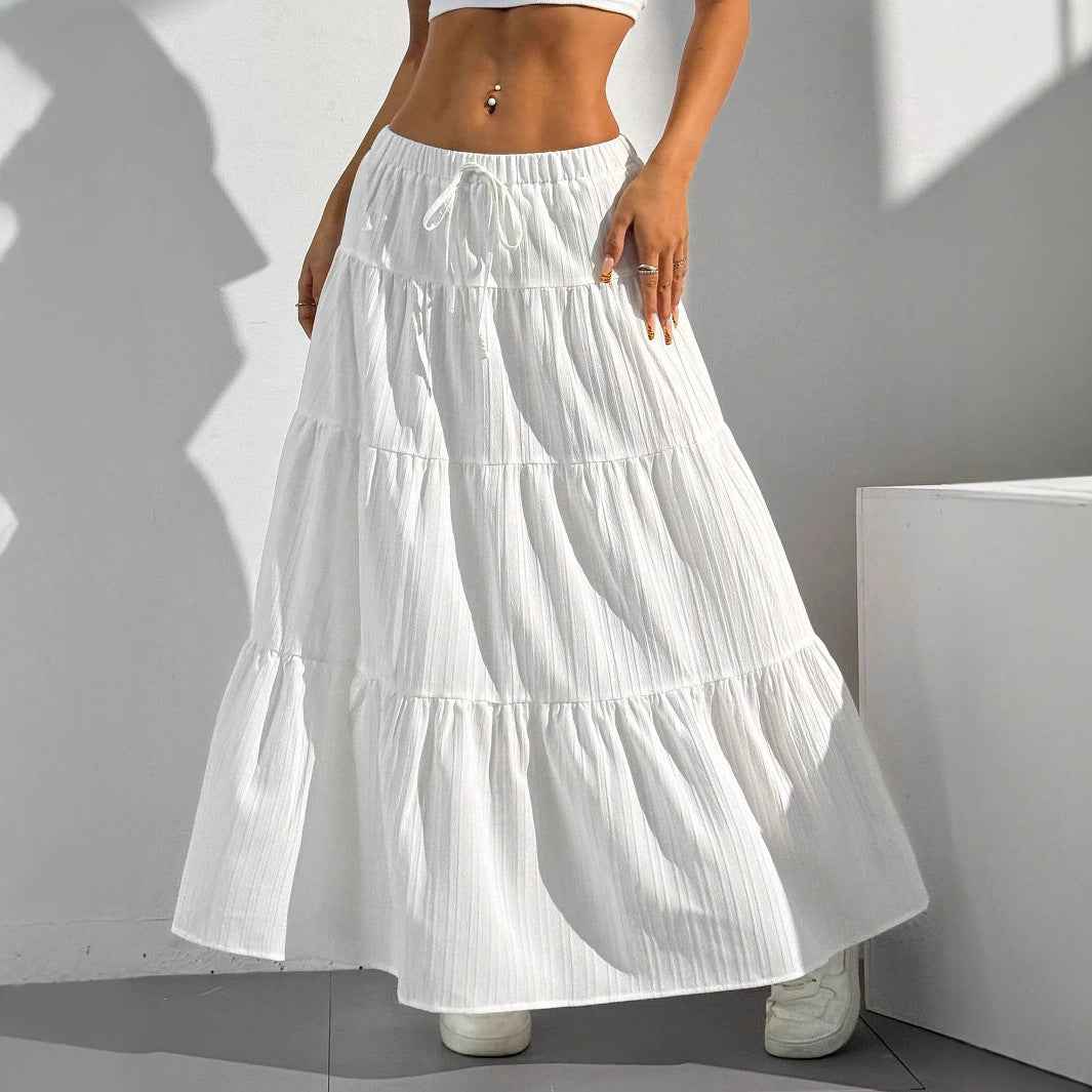Women's A-line Maxi Skirt with Layered Ruffles and Drawstring Waist
