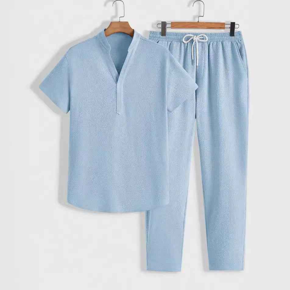 Men's Breathable Tracksuit Set – V-Neck Top & Drawstring Pants – Relaxed Fit Sky Blue