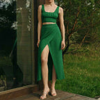 Women's High Waist Ribbed Knit Pencil Skirt - Slim Fit Midi with Split Green